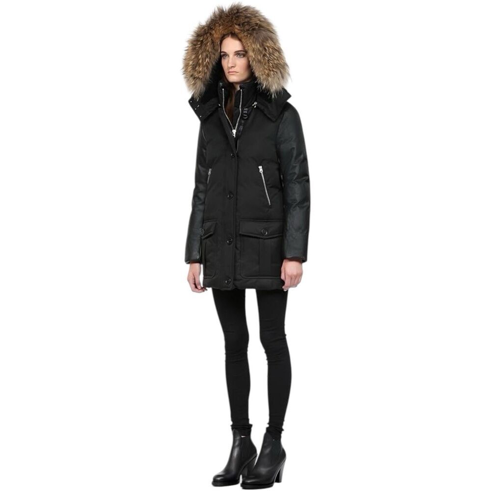 Mackage Cynthia Parka Coat Womens Size M Black Down Fur Trim Hood Long